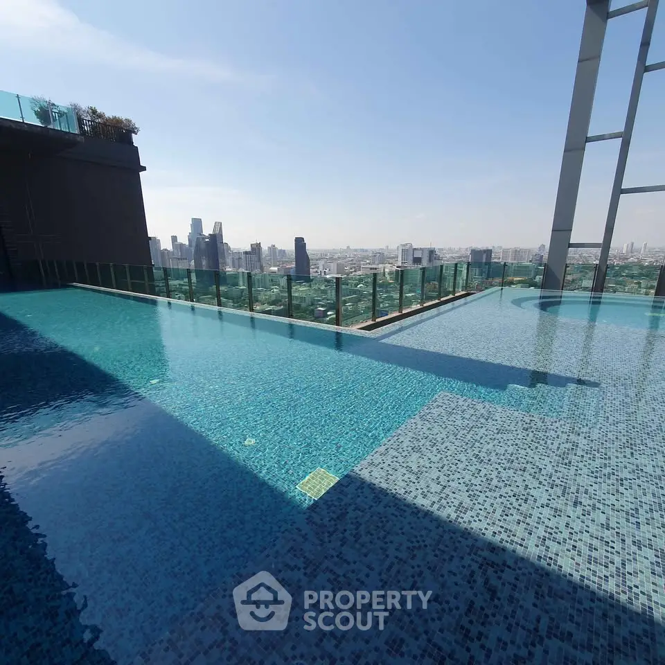 Stunning rooftop infinity pool with breathtaking city skyline view