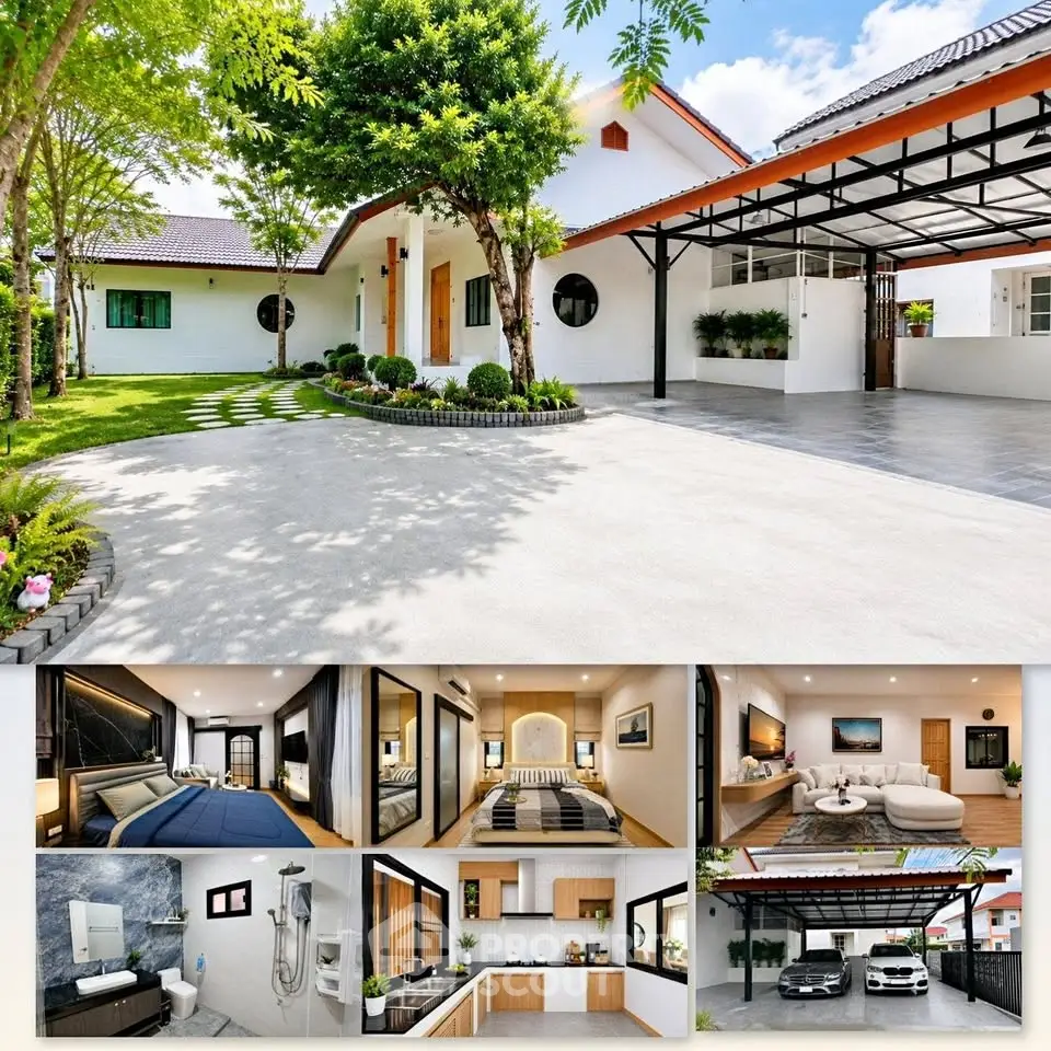 Stunning modern home with spacious driveway, lush garden, and elegant interiors including kitchen and living room.