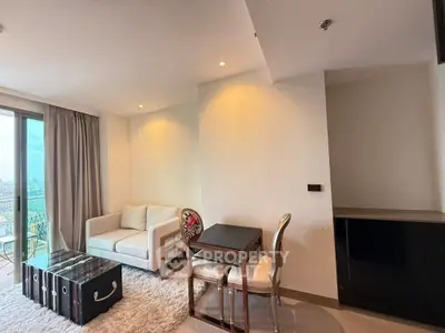 Chic living room with modern decor and balcony view in urban apartment