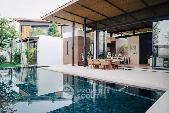 Luxurious modern home with open living space and stunning poolside view, perfect for entertaining.