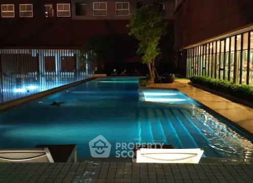 Luxurious poolside view at night with ambient lighting and modern design.