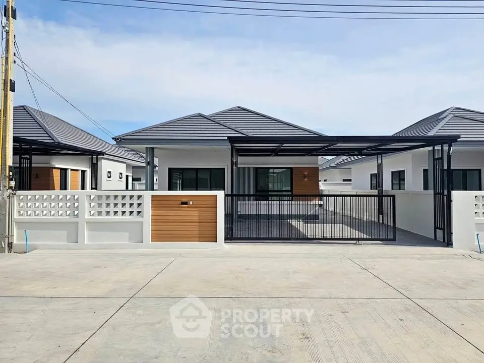 Modern single-story house with sleek design and spacious driveway