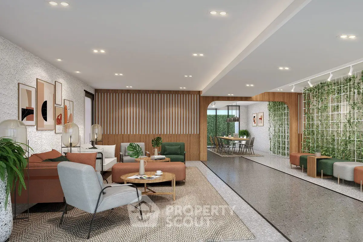 Modern living room with stylish decor and open layout leading to dining area.