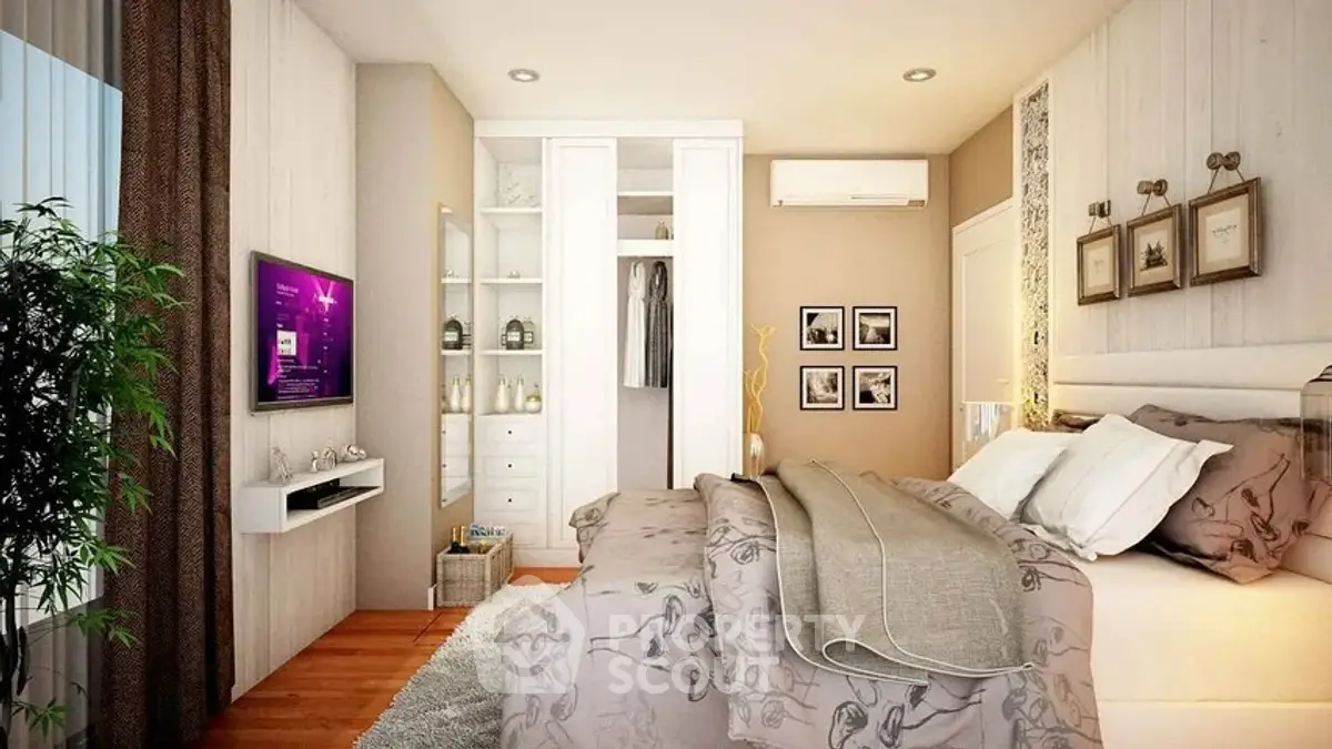 Stylish bedroom with modern decor, built-in wardrobe, and cozy ambiance