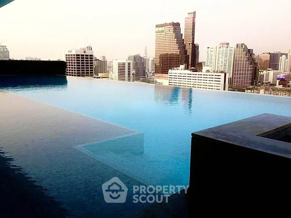 Luxurious rooftop infinity pool with stunning city skyline view, perfect for relaxation and leisure.