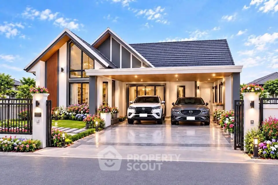 Stunning modern house with two-car garage and beautiful landscaping, perfect for luxury living.