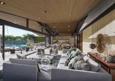 Luxurious open-plan living room with pool view and modern decor