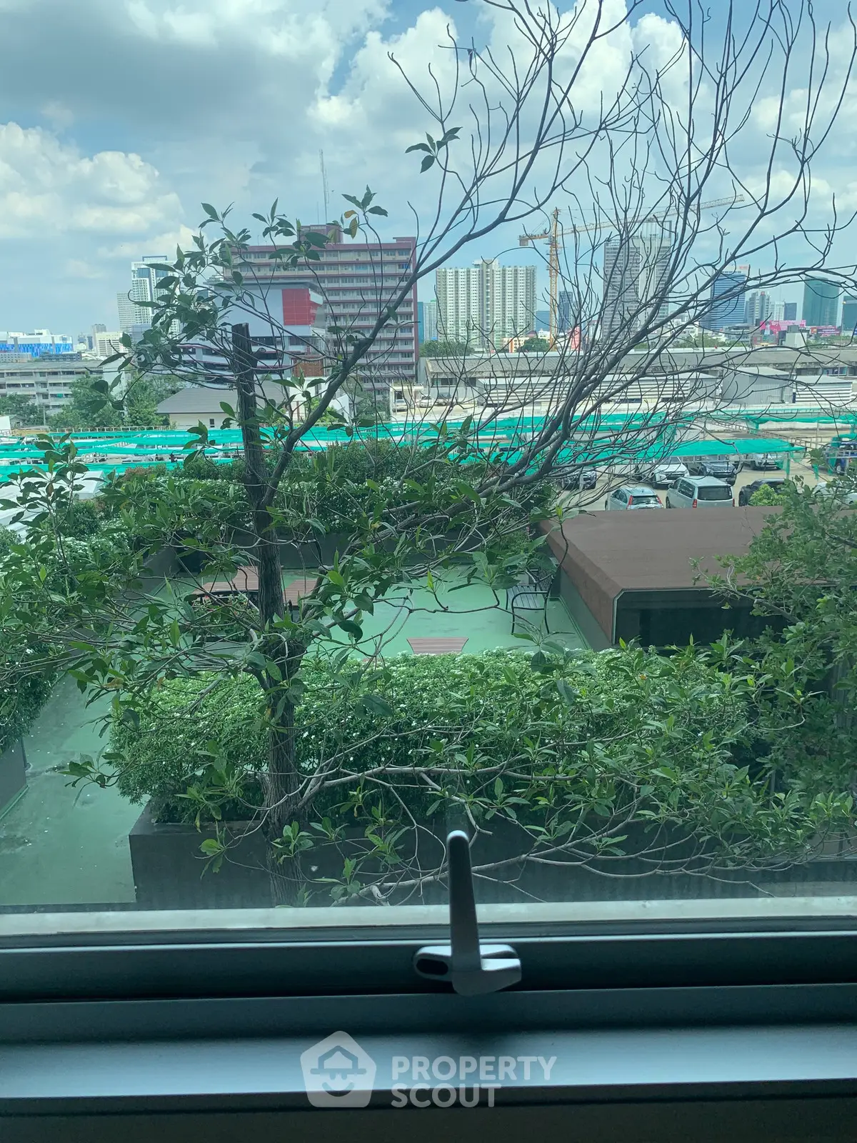 Scenic urban view from a window overlooking lush greenery and city skyline, perfect for nature lovers in the city.