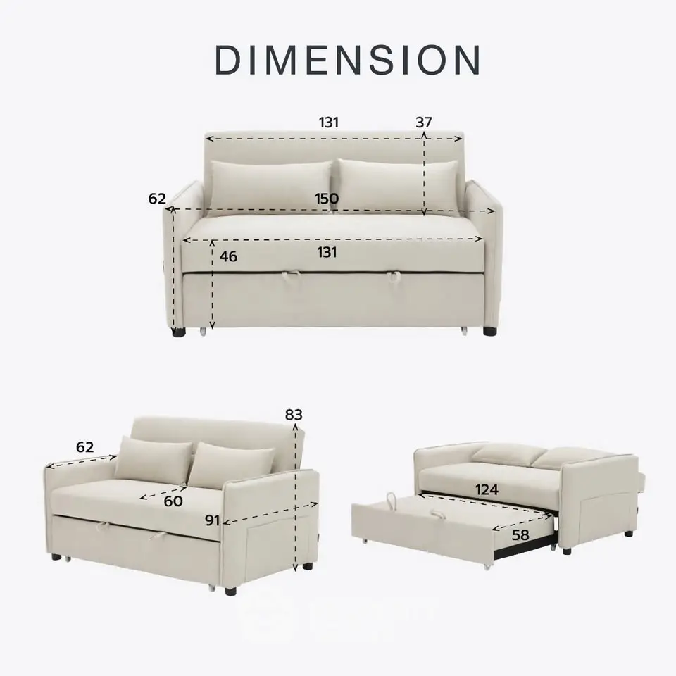 Versatile beige sofa bed with detailed dimensions for modern living spaces.
