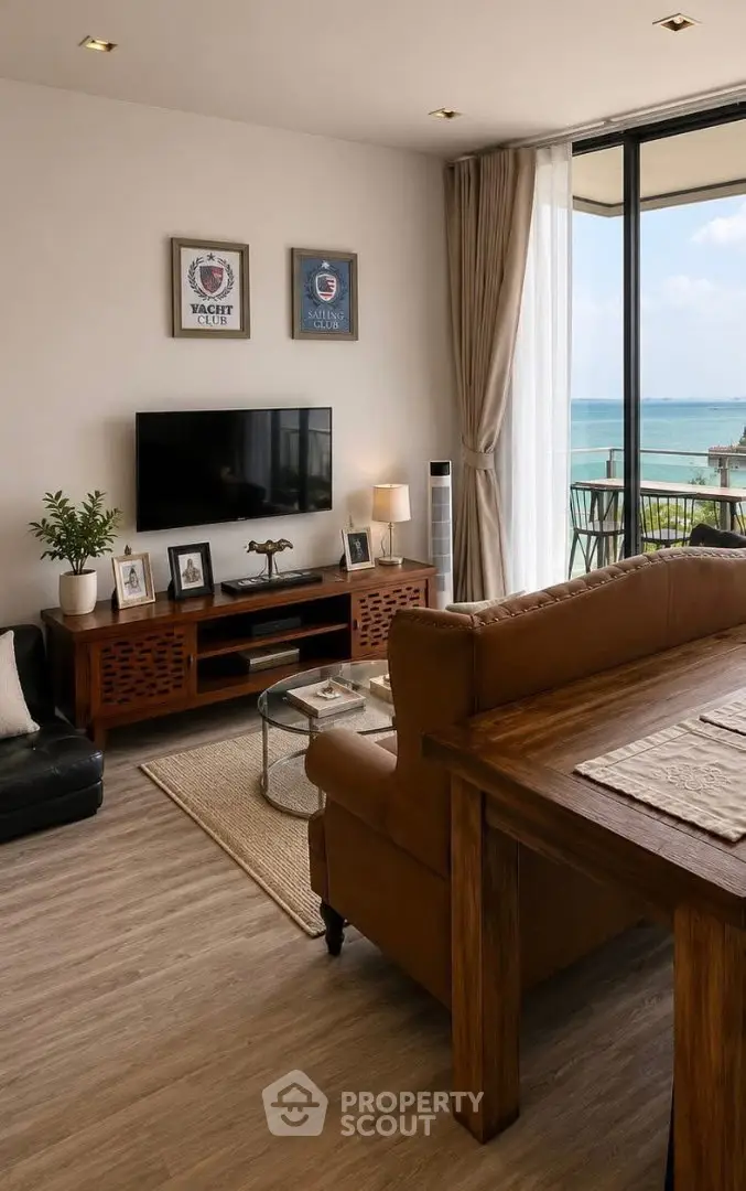 Luxurious living room with ocean view, elegant decor, and spacious balcony access.