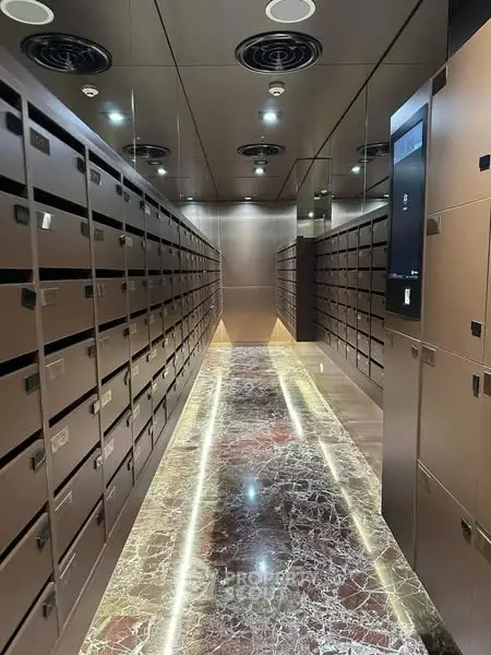 Luxurious modern building mailroom with sleek design and marble flooring
