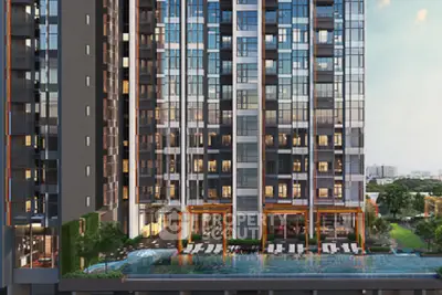 Luxurious high-rise building with stunning pool and modern architecture