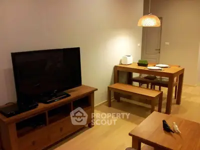 Cozy living room with wooden furniture and modern decor
