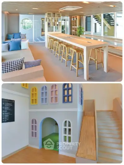 Modern communal living space with stylish seating and play area for children.