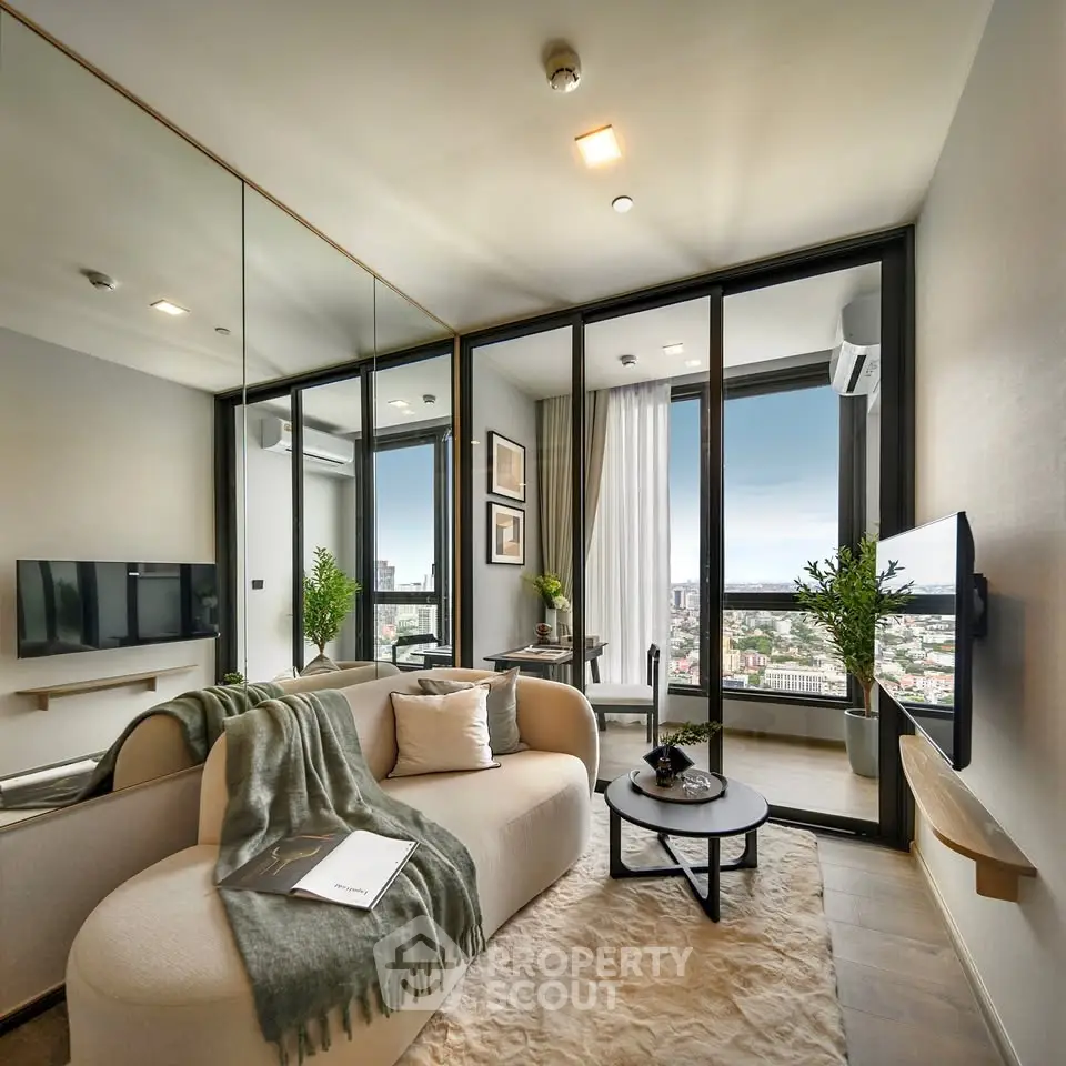Luxurious modern living room with panoramic city view and elegant decor