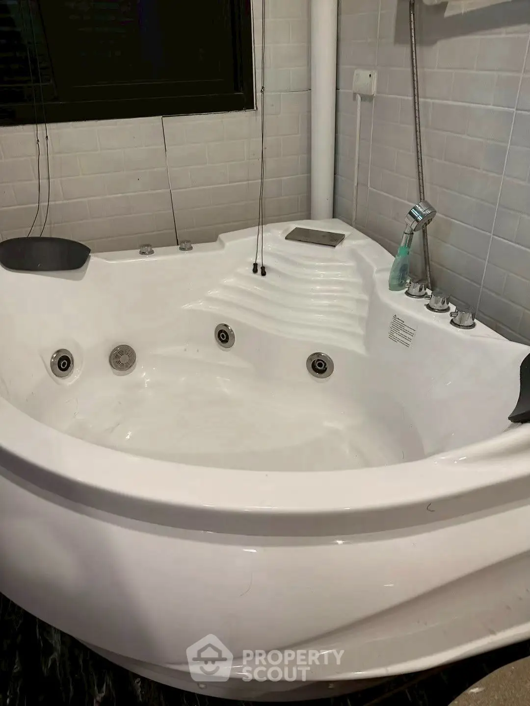 Luxurious bathroom with modern jacuzzi tub and sleek tile design.