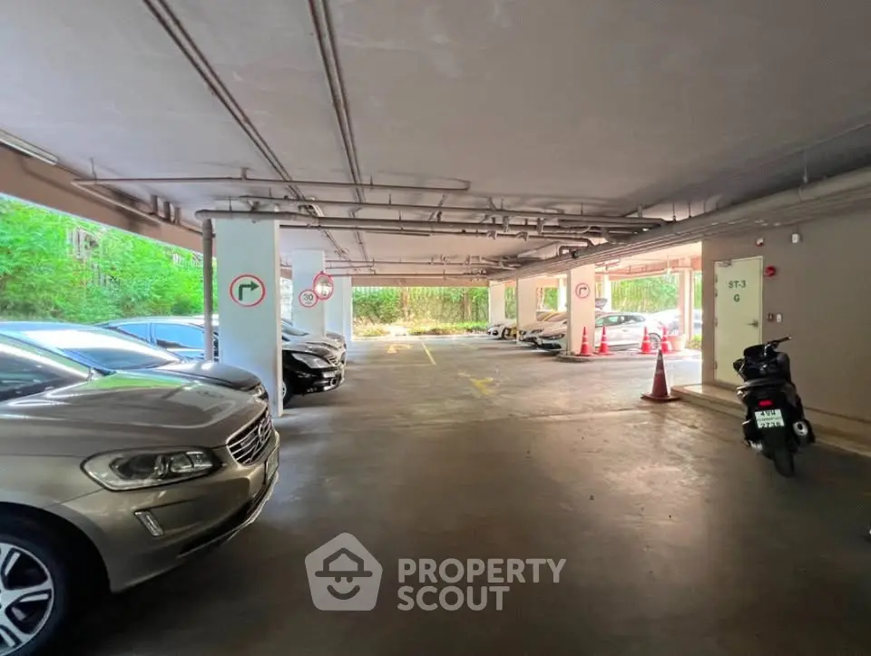 Spacious indoor parking area with multiple vehicles and natural lighting.