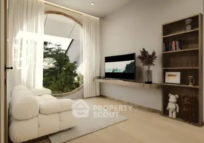 Modern living room with unique circular window and cozy seating area