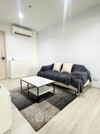 Modern living room with cozy sofa, stylish rug, and air conditioning.