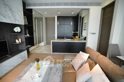 Luxurious modern living room with open kitchen and elegant decor