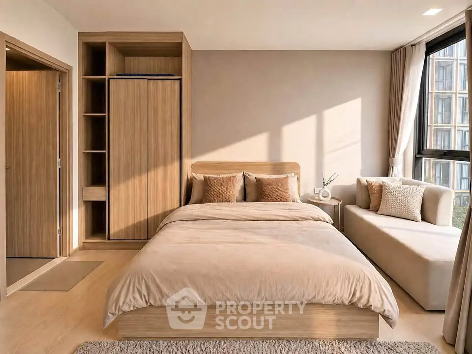 Modern bedroom with cozy decor and natural light, featuring a stylish bed and built-in wardrobe.