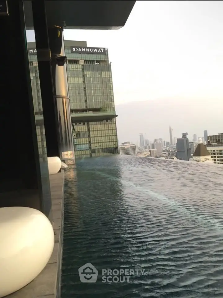 Luxurious rooftop infinity pool with stunning city skyline view in modern high-rise building.