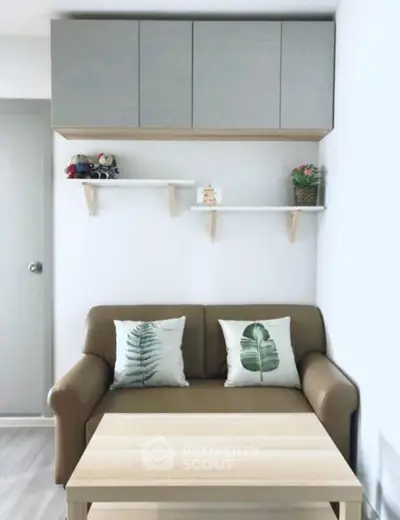 Cozy living room with modern sofa and decorative shelves