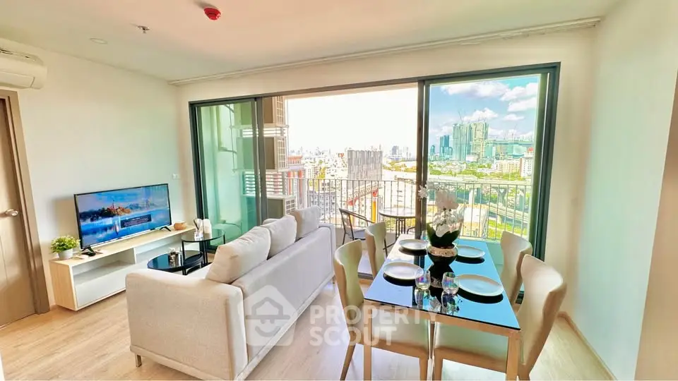 Modern living room with city view and dining area in high-rise apartment
