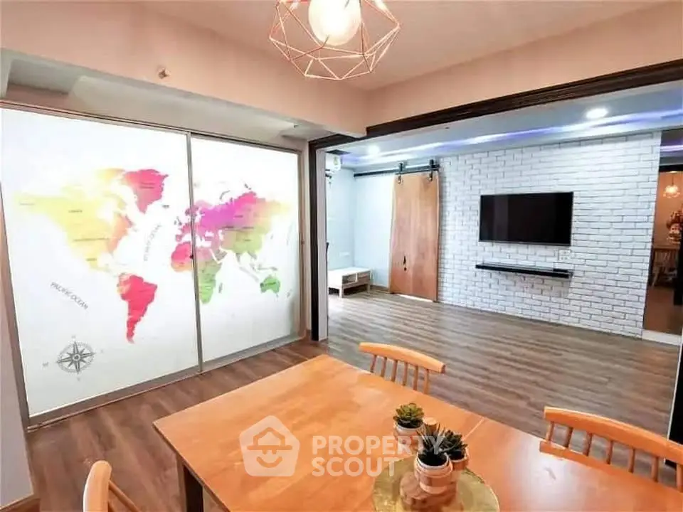 Modern living room with world map mural and stylish decor