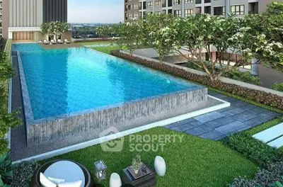 Luxurious rooftop pool with lush greenery and city views
