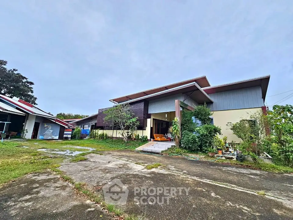 Modern single-story house with lush garden and spacious driveway