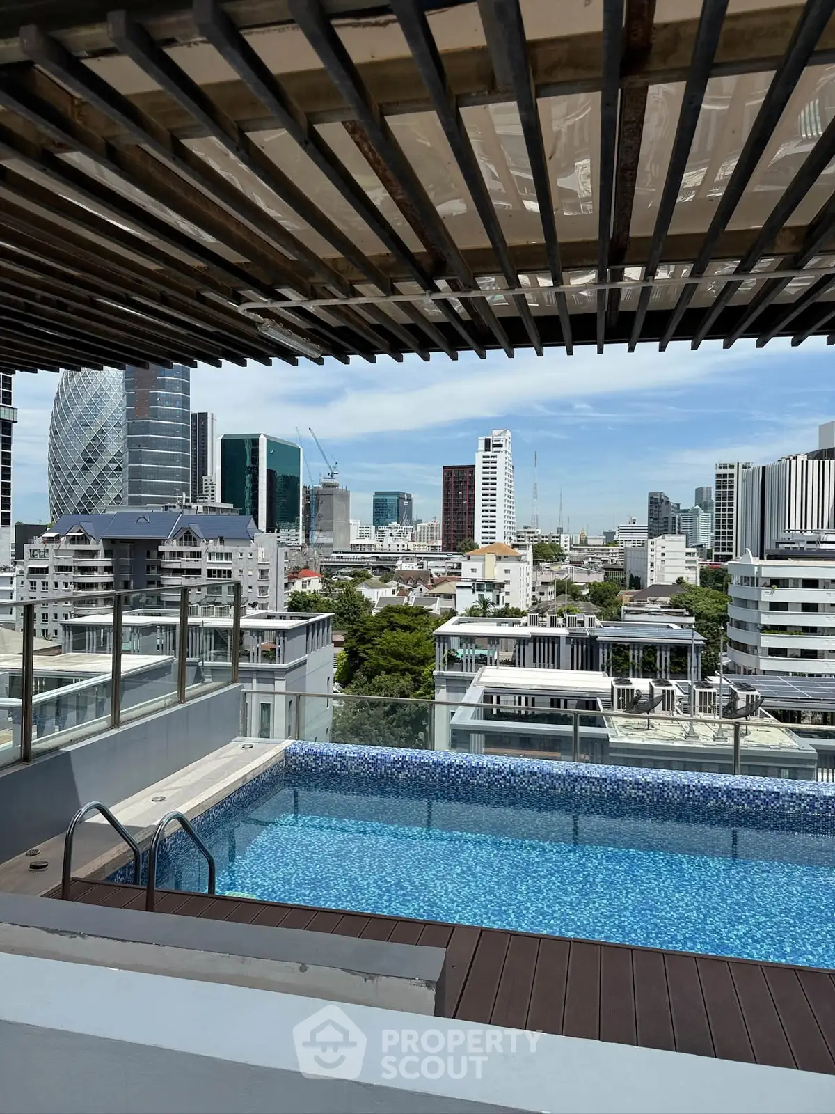 Stunning rooftop pool with panoramic city skyline views, perfect for luxury urban living.