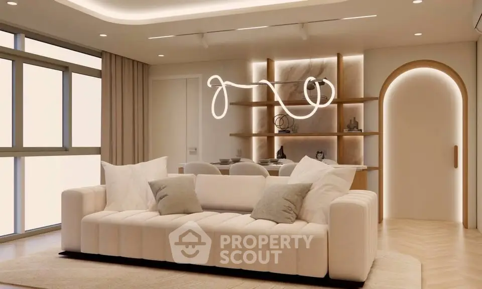 Luxurious modern living room with elegant lighting and plush sofa in a stylish apartment.