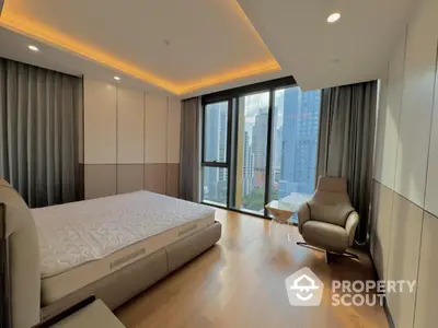 Luxurious modern bedroom with city view and elegant furnishings