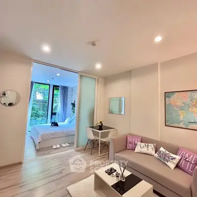 Modern living room with cozy bedroom view and stylish decor