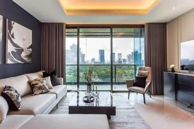 Luxurious living room with stunning city view and modern decor