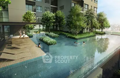 Luxurious apartment complex with stunning pool and lush greenery, offering a serene urban oasis.
