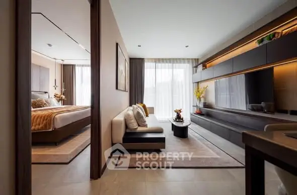 Luxurious modern apartment with spacious living room and elegant bedroom, featuring stylish decor and natural light.