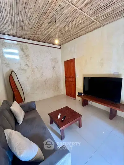Cozy living room with rustic wooden ceiling, modern sofa, and large TV for ultimate relaxation.