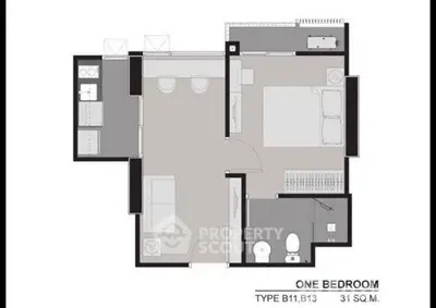 One-bedroom apartment floor plan with efficient layout and modern design.