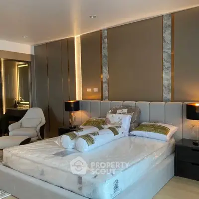 Luxurious modern bedroom with elegant decor and ambient lighting