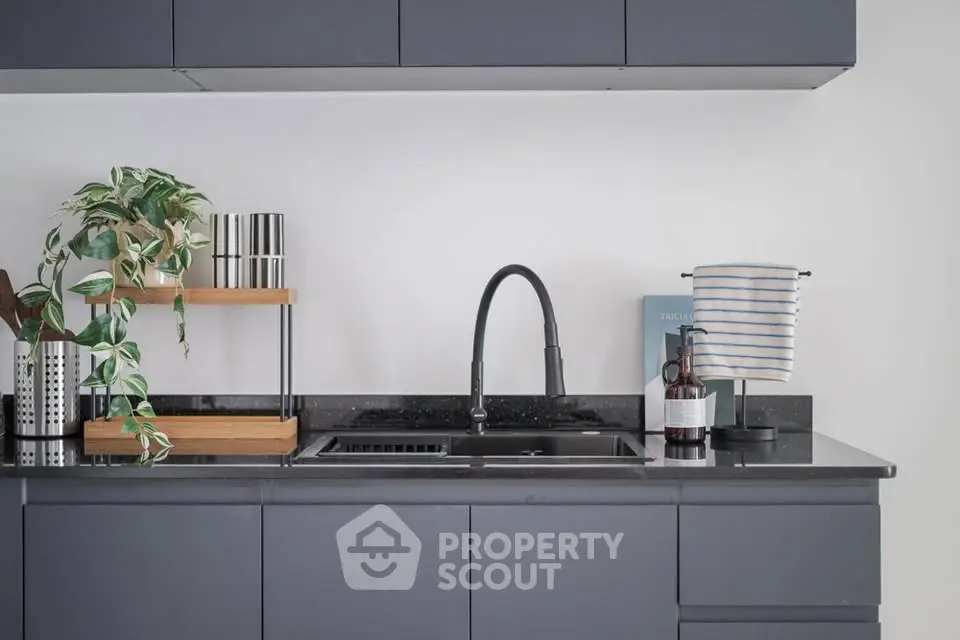 Modern kitchen with sleek black cabinetry and stylish faucet, perfect for contemporary living.