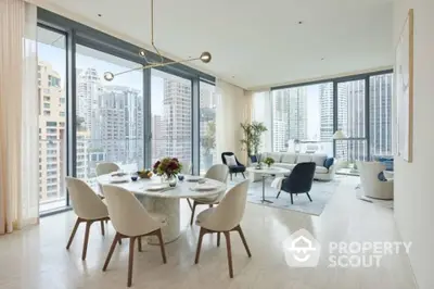 Luxurious modern living room with panoramic city views and elegant dining area.