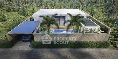 Modern luxury villa with pool surrounded by lush greenery and palm trees, featuring sleek architectural design.