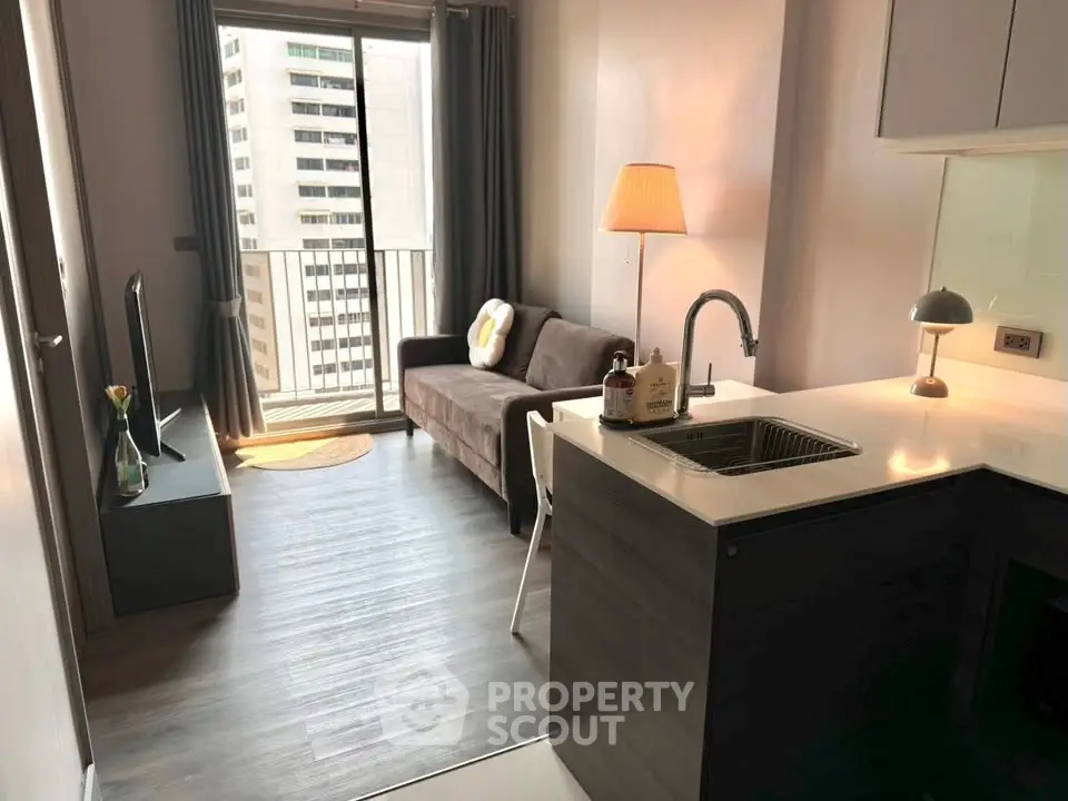 Modern living room with balcony view in a stylish apartment