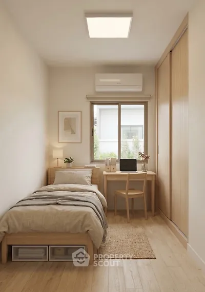 Cozy minimalist bedroom with natural light and wooden furniture