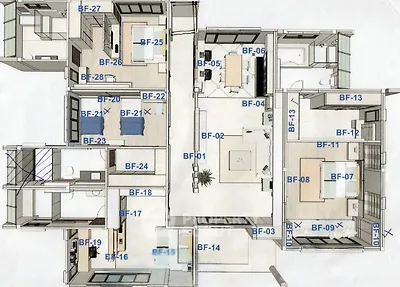 Detailed floor plan showcasing modern apartment layout with multiple rooms and amenities.