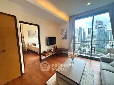 Modern living room with city view balcony in high-rise apartment