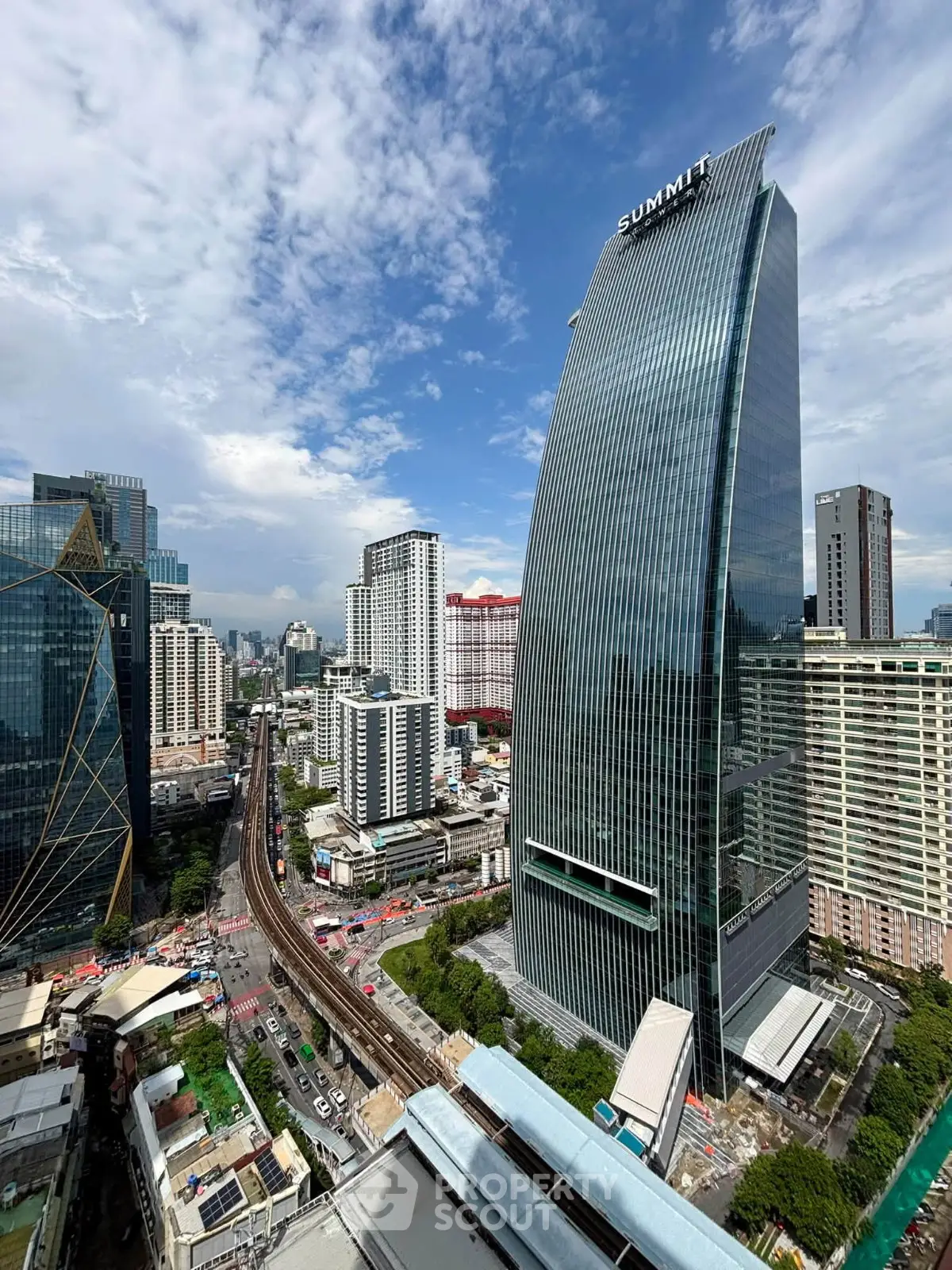 Stunning cityscape view featuring modern skyscrapers and urban skyline under a clear blue sky.