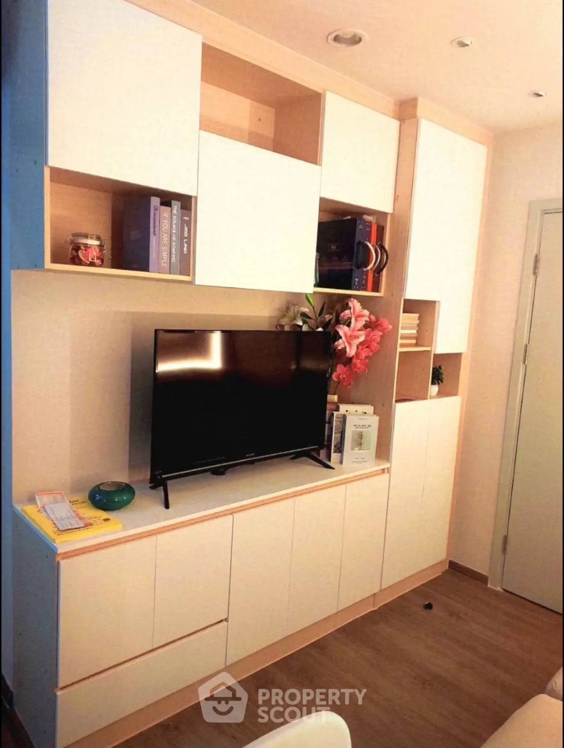 Modern living room with sleek storage and flat-screen TV